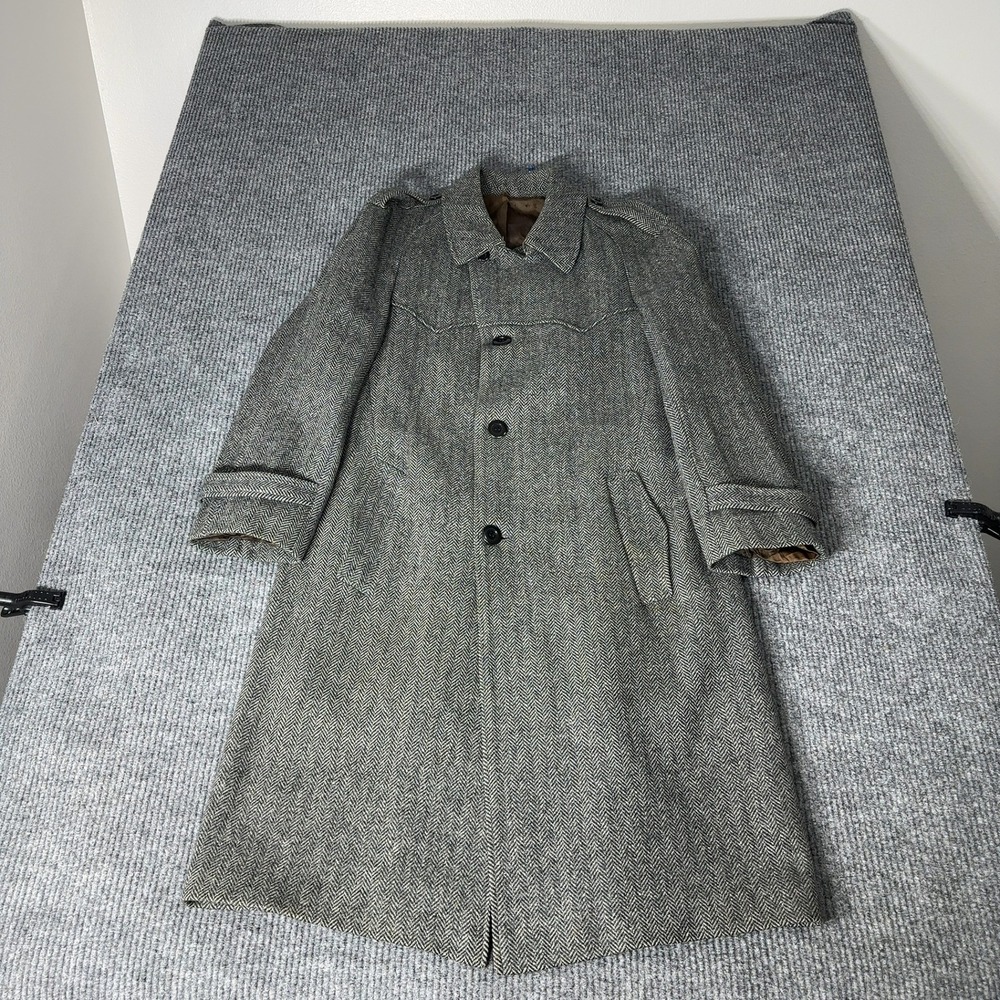 Vintage Alexanders Overcoat Mens M Grey Wool Long Trench Jacket Herringbone